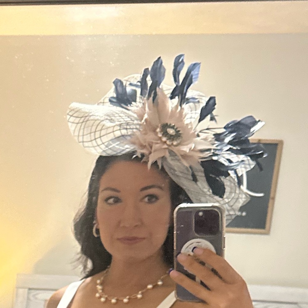 Derby headband!! Navy Blue and White with rose and gold accents